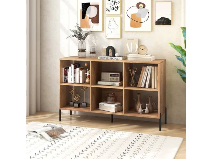 GIANTEX Bibliothèque Ouverte à 2 Niveaux 6 Cases Pieds en Métal Surélevés Etagères Réglables à 5 Positions Naturel