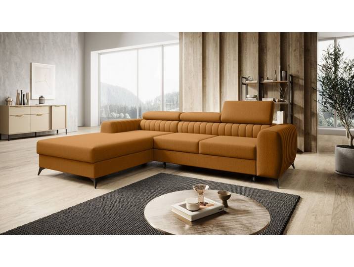 Muffo Ecksofa Ecksofa Mone, Verstellbare Kopfstützen, Schlaffunktion, Aufbewahrung von Bettzeug, elegante Nähte