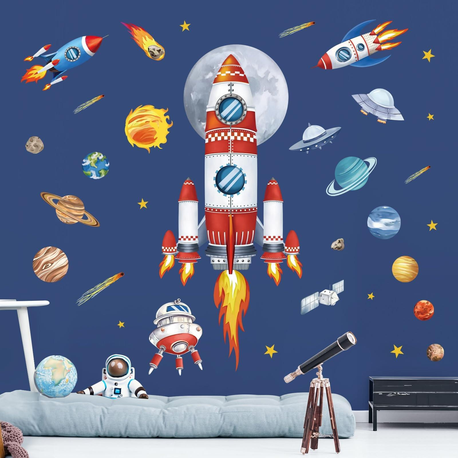 Omgoods Muurstickers Ruimte met Raketten en Planeten voor Babykamer Decoratie