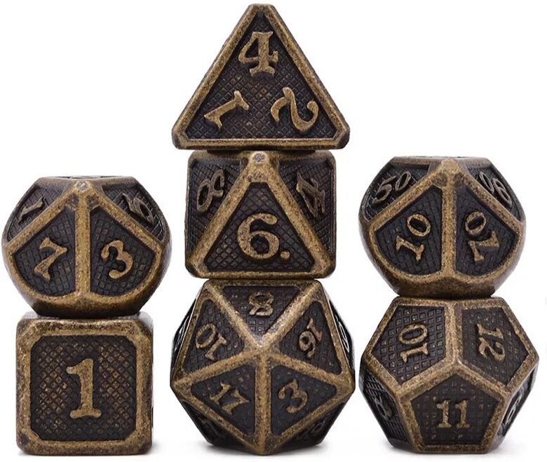 Rio Dés Métal - lot de 7 dés (14mm) avec boite en métal- Solid Gold