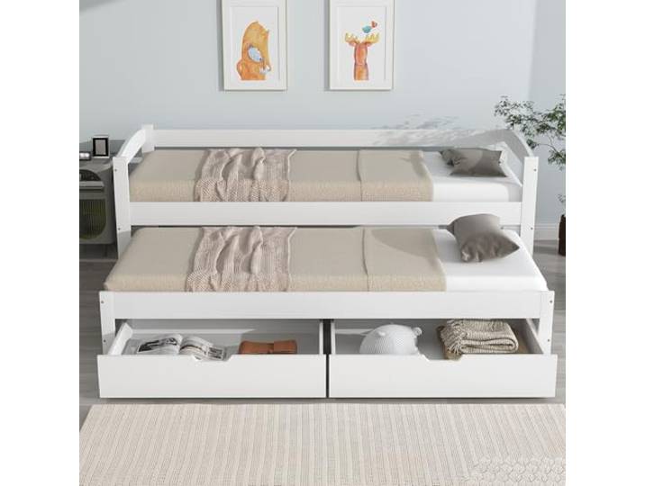 Moimhear Tagesbett, Einzel- und Doppelbett, Schiebebett mit Rollen unten, mit 2 MDF-Schubladen, Massivholzrahmen, weiß (90x200cm/90x190cm)