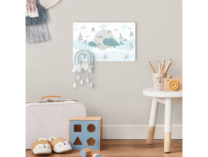 Patère enfants Nuages et baleine 40 x 25 x 1cm Blanc/Bleu