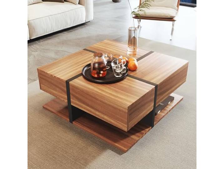 Merax Couchtisch Wohnzimmertisch mit 4 Schubladen, Modern Beistelltisch Kaffeetisch mit Zwei Ablageebenen, Multifunktionaler Sofatisch Mitteltisch, einzigartige Design, 78x78x36cm, Natürlich