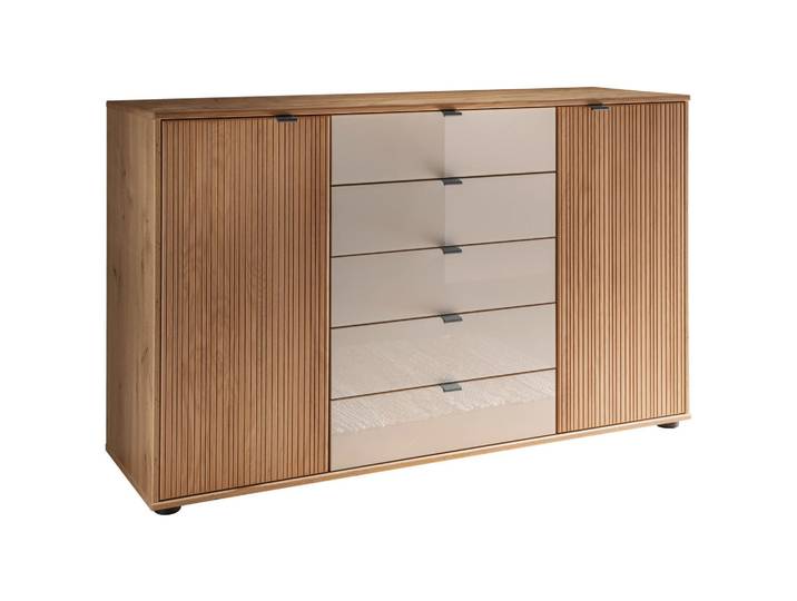 Venda Kommode, Champagner, Eiche Bianco, Holz, Glas, Eiche, massiv, 2 Fächer, 5 Schublade(n) Schubladen, 141x86x43 cm, DIN EN ISO 9001, Handmade in Germany, Holzmöbel, Kleinmöbel Holz, Holzkommoden