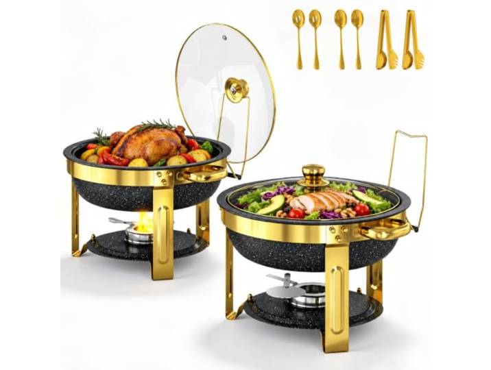 EffiQ-Rate 2 Stück Rund Chafing Dish Set 5QT mit Steinoptik-Beschichtung Edelstahl Speisenwärmer mit Glasdeckel, Komplettset mit Besteck, Schwarz, Temperaturerhaltung, für Buffet, Gartenparty