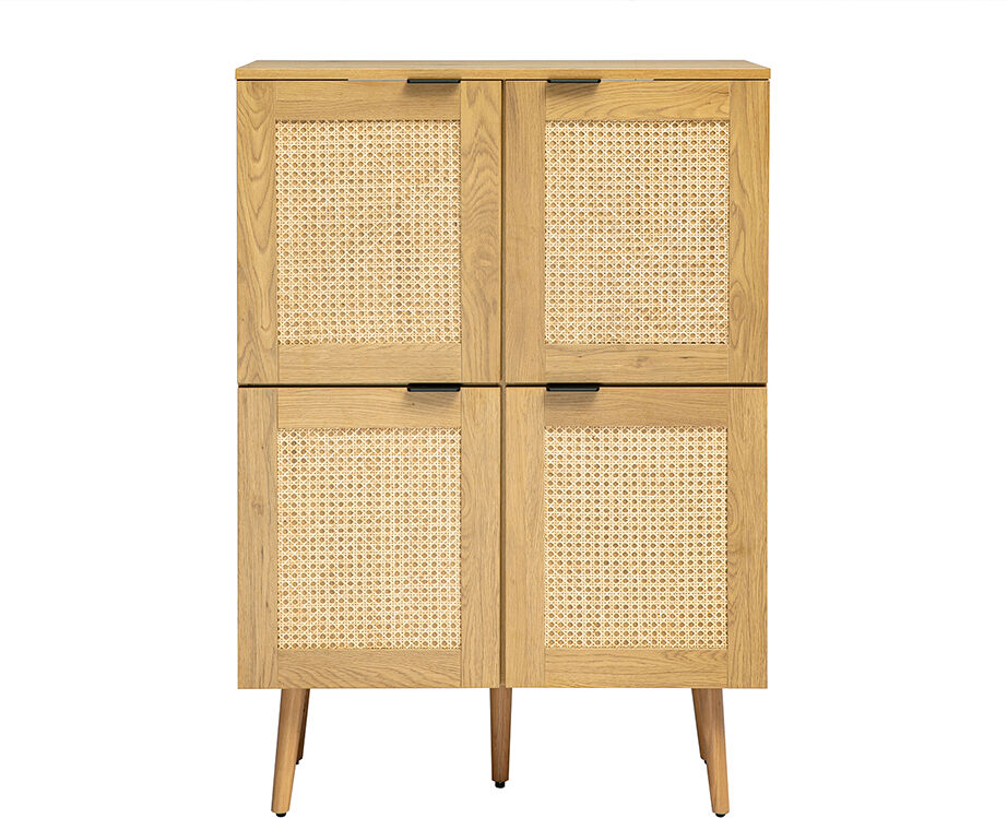 Miliboo Buffet mit heller Holzoptik, Rattan-Geflecht und schwarzem Metall, 4 Türen B80 cm MANILLE