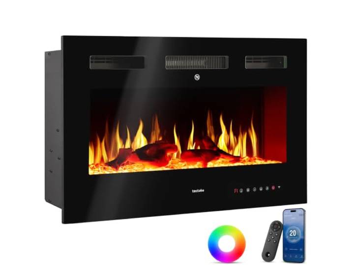 tectake® Elektrokamin Wand, elektrischer Kamin, 2 Heizstufen 900W/1800W, 3D Flammeneffekt, viele Farbeinstellungen, Kamin elektrisch mit Fernbedienung, App Steuerung, Thermostat - 91,5 x 12 x 43 cm