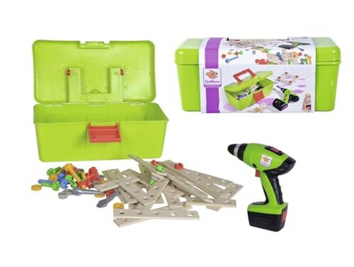 Eichhorn 100039079 Constructor Werkzeugbox, inkl. kompakt Schrauber, Erweiterungsteile, 70 teilig, FSC 100 Prozent zertifiziertes Buchenholz, für Kinder ab 3 Jahren