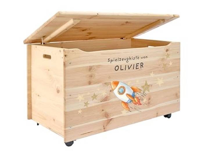 Pinus Spielzeugkiste personalisierbar 90x48x51 cm mit Deckel Rollen Kiefernholz, Wunschname personalisiert, große Aufbewahrung, für Spielzeug Decken Erinnerungen, Kinderzimmer Geschenk Geburt