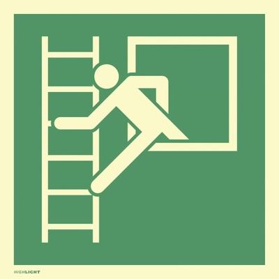Aufkleber Notausstieg mit Fluchtleiter, ISO 7010, PVC-U selbstkl.,nachl.,160-mcd,148x148mm