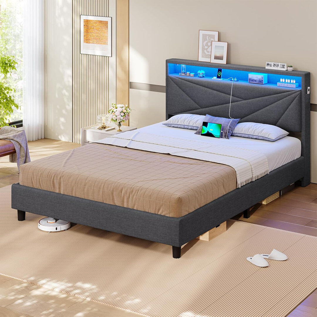 KIMENI Upholstered bed with LED lighting and sockets Grey 96cm H X 135cm W X 203cm L
