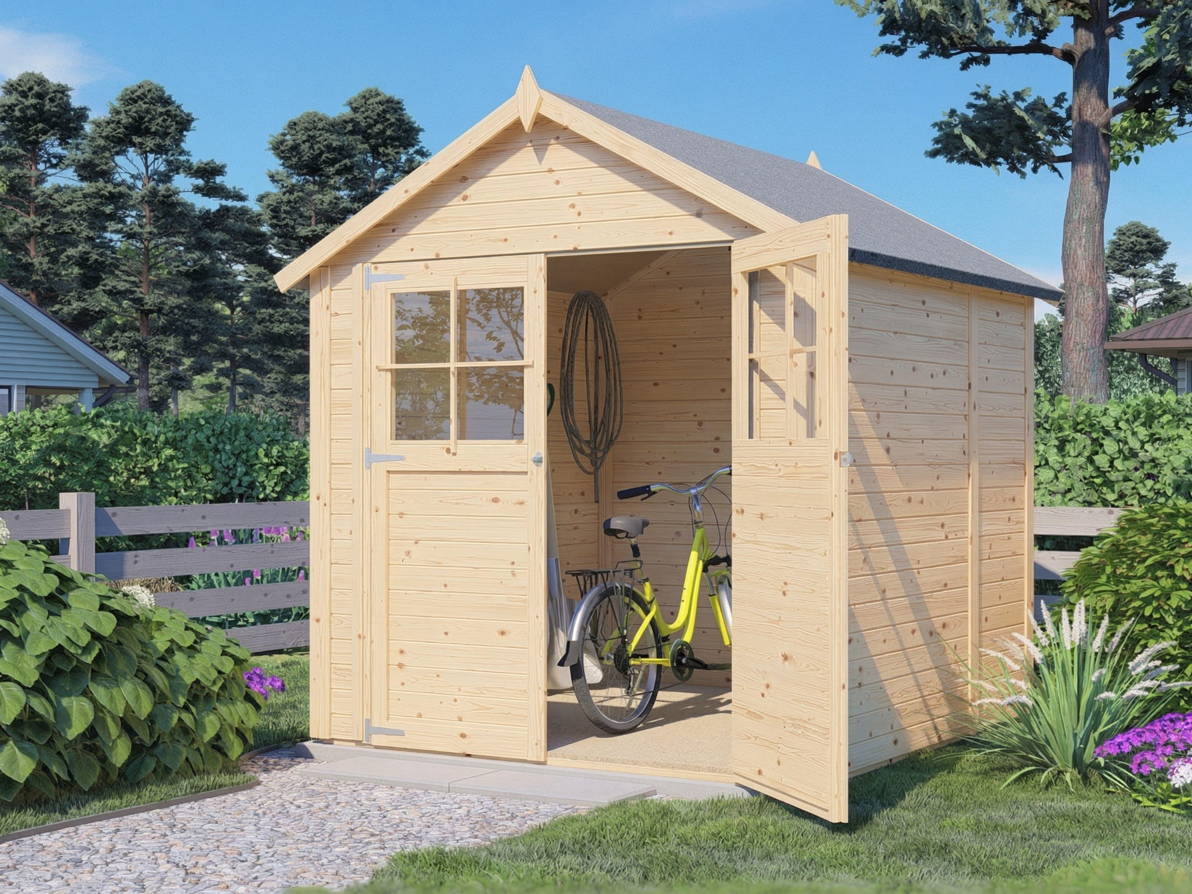 WOODTEX Naturbelassen 180 x 175 cm Gartenhaus Osterfeld 2, 19 mm Wandstärke, Fichtenholz, Satteldach, Elementbauweise, Inklusive Fußboden, Gerätehaus, Schuppen