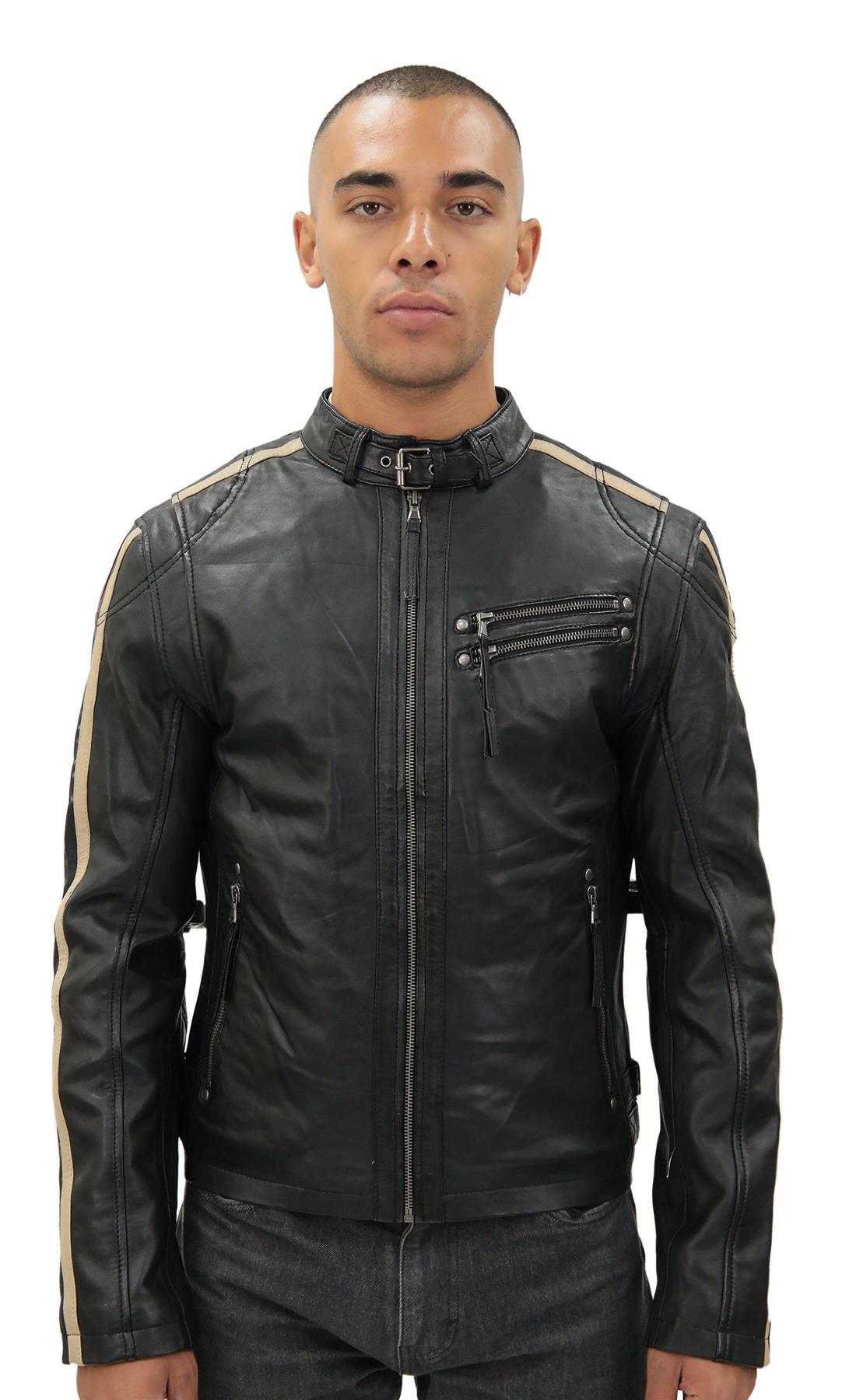 Mens Cafe Racing gestreifte Lederjacke-Marseille