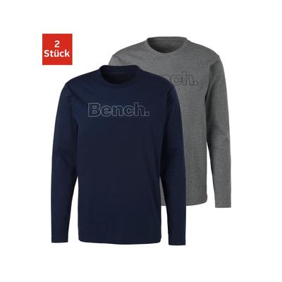 Langarmshirt BENCH. LOUNGEWEAR, Herren, Gr. M, blau (navy, grau, meliert), Single Jersey, Obermaterial: 100% Baumwolle, unifarben, Basic, bequem normal, Rundhals, Shirts Langarmshirt, mit Bench. Print vorn