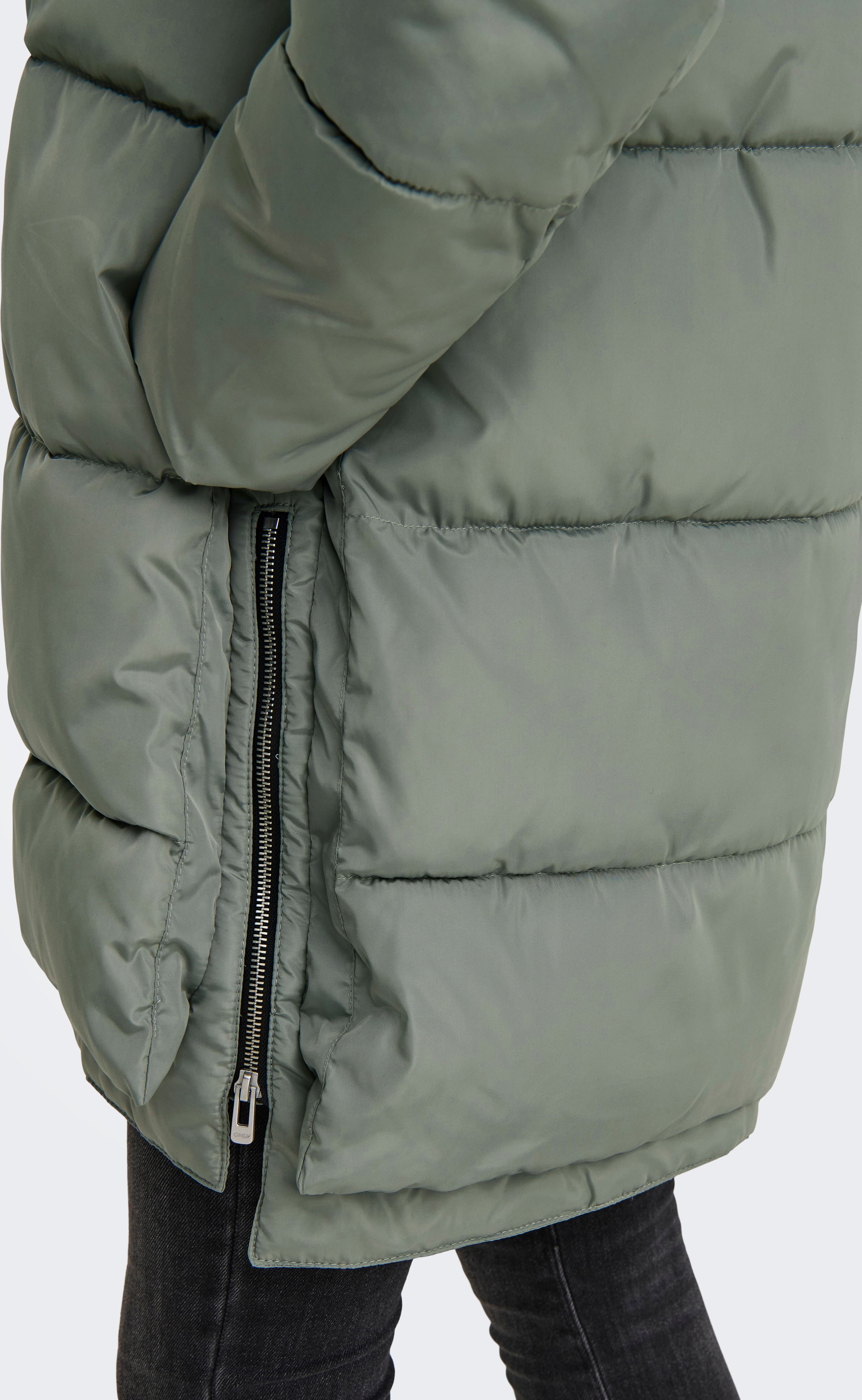 Steppmantel ONLY "ONLKELLY NORA LONG PUFFER COAT OTW", Damen, Gr. L, schwarz (shadow), Steppware, Obermaterial: 100% Polyester, unifarben, regular fit ca. Mitte Oberschenkel, Mäntel Steppmantel shadow L