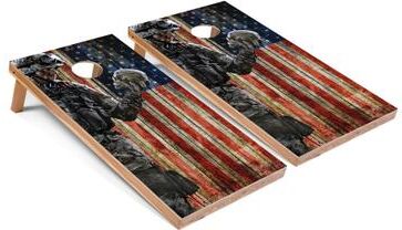 Skip's Garage Soldier Holding Skull 2x4 Cornhole Board Set