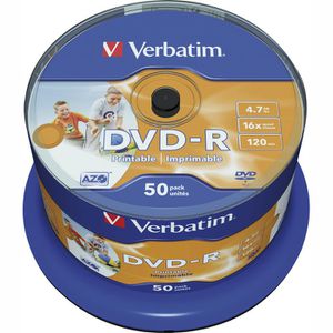 Verbatim DVD-Rohlinge 43533, bedruckbar, DVD-R, 4,7 GB, 120 Minuten, bis zu 16-fach, Spindel, 50 Stück