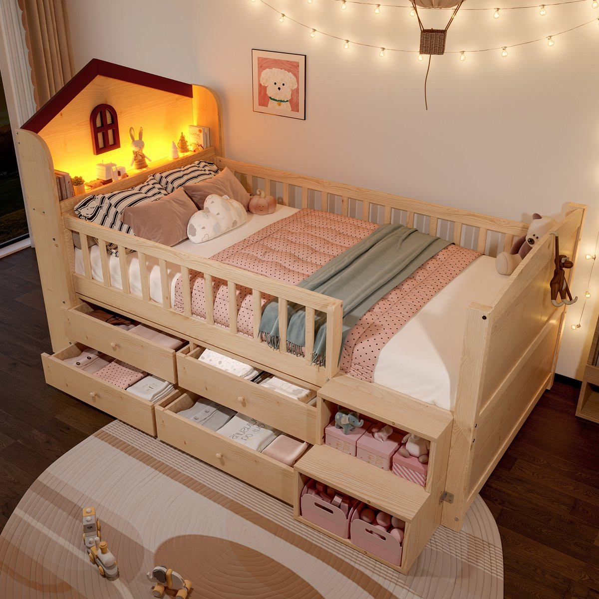 MODFU Halfhoog Bed met Huisvorm, Opbergladder, Ledverlichting en 4 Laden, Grenenhout en MDF, Naturel, 90 x 200 cm