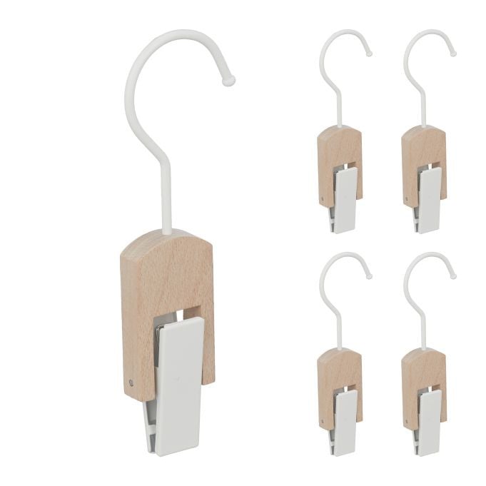 Relaxdays 15x Laarzenknijpers met Draaibare Haak, Wit/Natuur, Hout en Metaal met Rubberen Clips