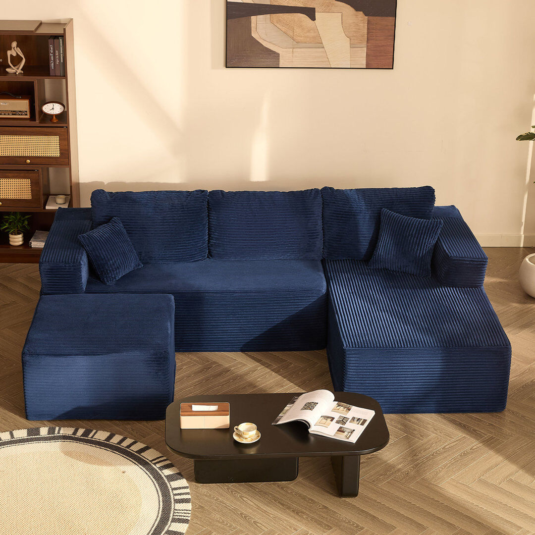 Ningbo Xiangyi Furniture Technology Co., Ltd. Modular Sofa for Living Room, L-Shaped Left Chaise, 272cm Foam Sofa System for Living Room, Corduroy, Blue 60cm H X 272cm W X 194cm D