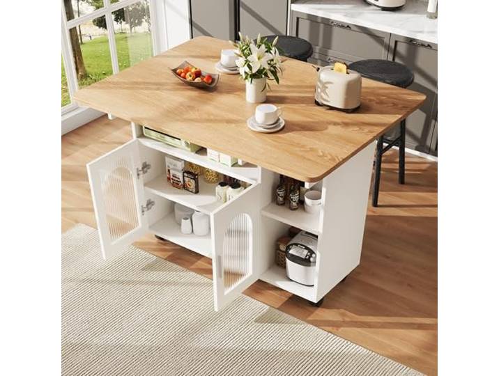 ModernLuxe Mobile Kücheninsel mit klappbarer Tischplatte, Buffetschrank & Küchenwagen mit Rollen, Multifunktionaler Speisewagen, Weiß + Holzton