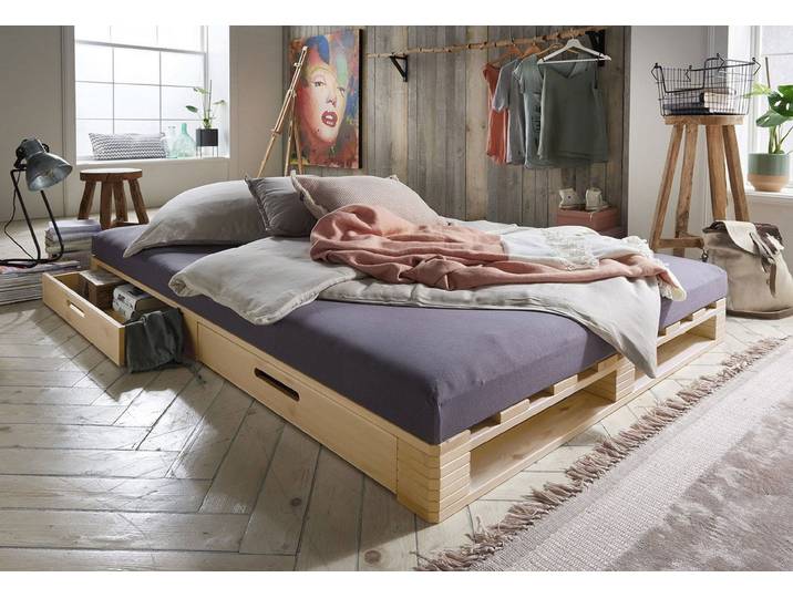 Palettenbett mit Schubkästen 140x200cm 'Finja' Kiefer massiv unbehandelt