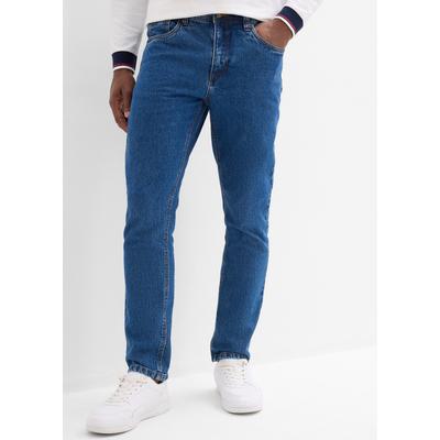 Gerade Jeans BONPRIX, Herren, Gr. 60, N-Gr, blau denim (länge: regulär), Denim/Jeans, Obermaterial: 99% Baumwolle, 1% Elasthan, Abriebeffekte, unifarben, klassisch lang, Jeans, 5-Pocket Form, straight leg