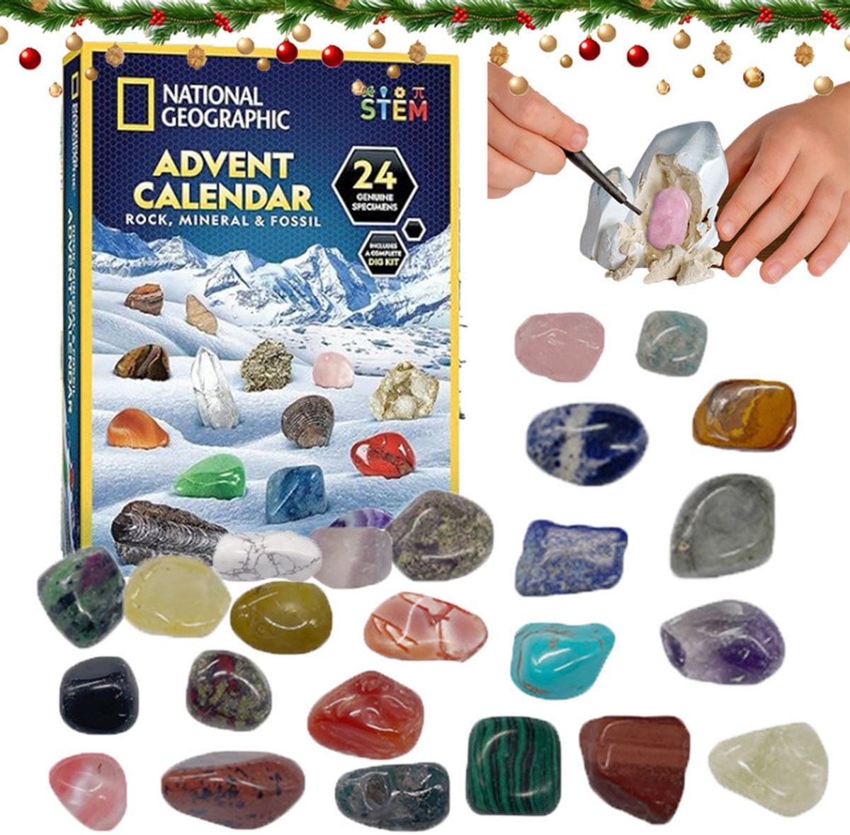 Nationale Adventskalender voor Edelstenen 2025 - 24 Stuks - Kerstaftelkalender voor kinderen met edelstenencollectie en mini-opgraafset