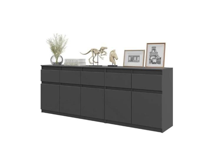 Commode NOAH - 5 Tiroirs et 5 Portes - H75 cm x L200 cm x P35 cm (Anthracite)
