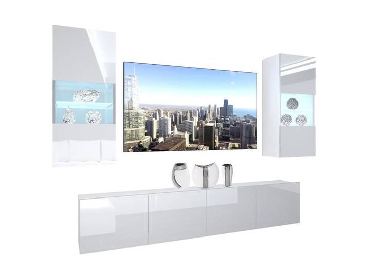 Meuble TV mural - BELINI - NEX 7/0/W/W/0/0/PP - LED multicolore - Blanc très brillant - Design contemporain