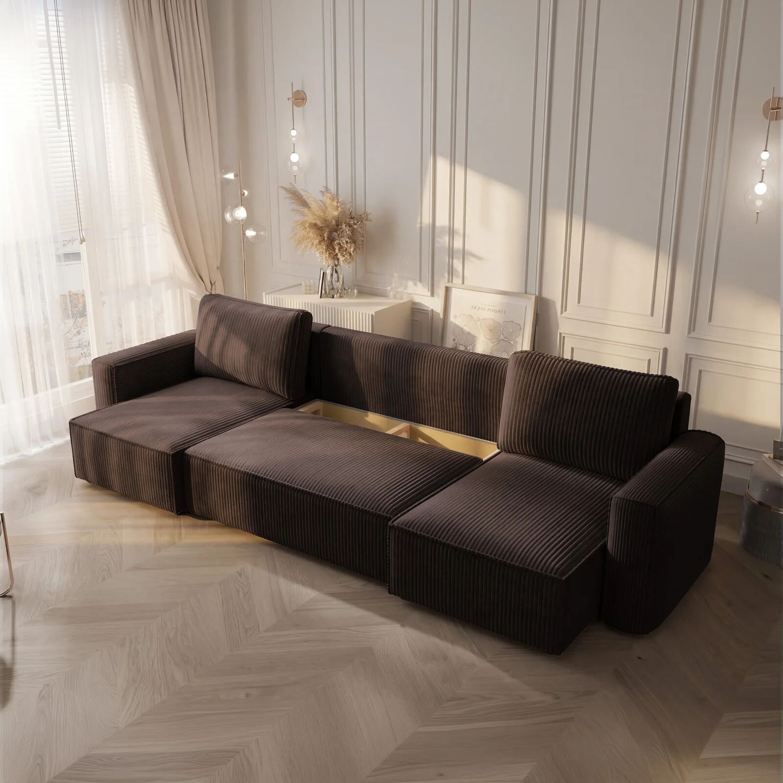 garneroarredamenti Divano letto panoramico 315x142cm velluto a coste marrone Ofelia