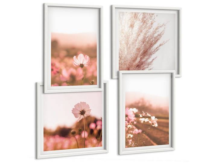 BILDER SET 4er Set - 50x50 cm & 40x60 cm Weißer Rahmen - Wildblumen auf den Wiesen im Sommer