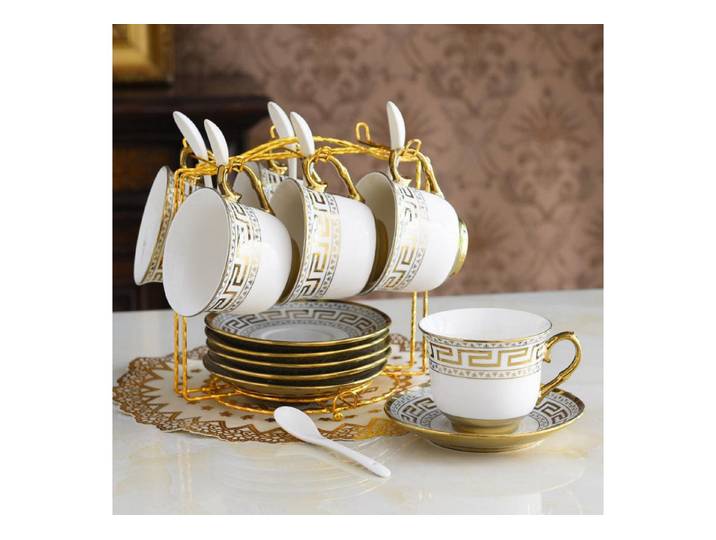 Quality Elegance Tasse Luxus Bone-China Coffee Cup Set – 6 Kaffeetassen mit Golddekor, Bone China