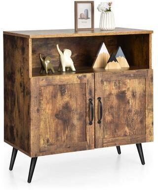 Costway Mid-century Wooden Storage Cabinet Wine Glass Holders-Rustic Brown