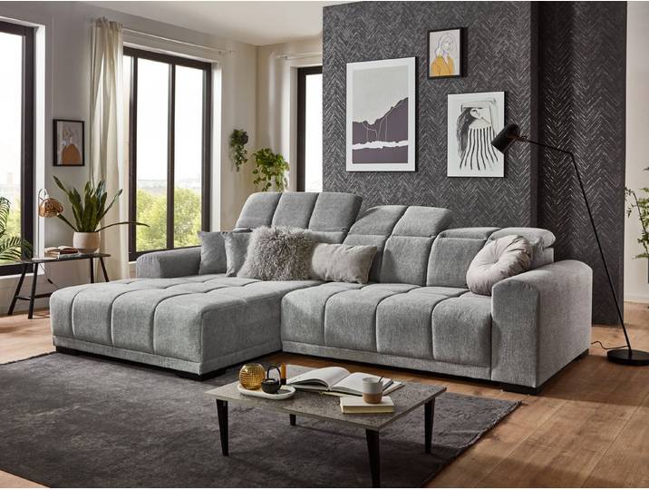 Massivart® Ecksofa grau 301 cm / L-Form / elektrische Sitztiefenverstellung MASTER, Nosagfederung Kopfteilverstellung inkl. Kissen Set