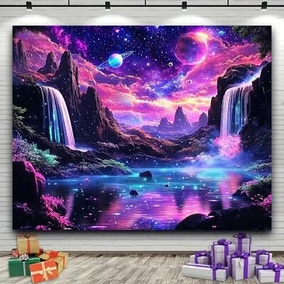 Uplift Essentials Fantasy Starry Sky & Glowing Waterfall Tapestry Celestial Landscape Wall Art For Living Rooms & Feature Walls 4.9 X 6.6 Ft (150x200cm)