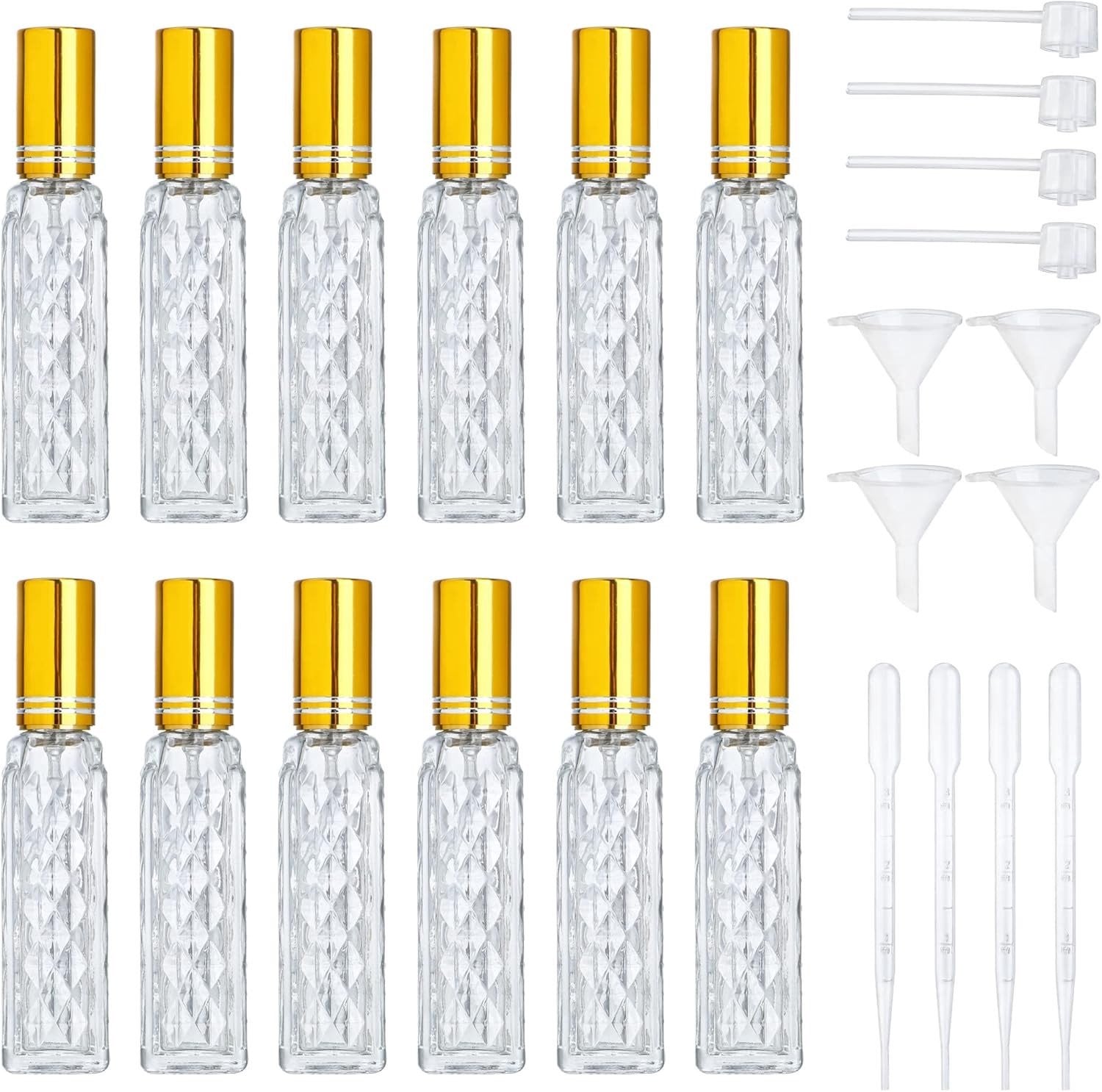 12 Stuks Lege Glazen Parfumflesjes met Spray, 10ml, Goudkleurig, Herbruikbare Atomizers voor Reizen