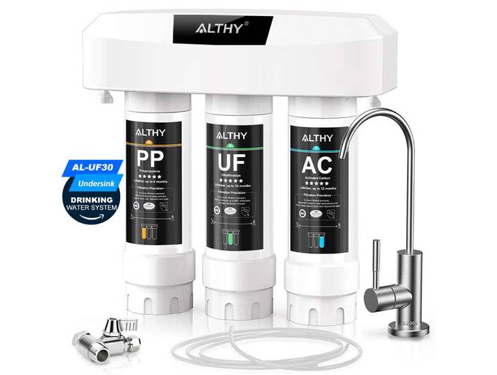 ALTHY – système de purificateur de filtre à eau par ultrafiltration sous évier, PP + UF + AC en 3 étapes, élimine le plomb, le chlore, les bactéries et le mauvais goût