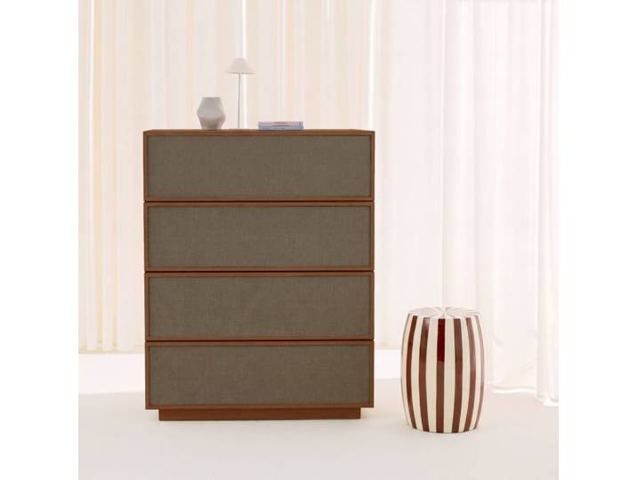 Commode de rangement décor bois et tissu 4 tiroirs noyer