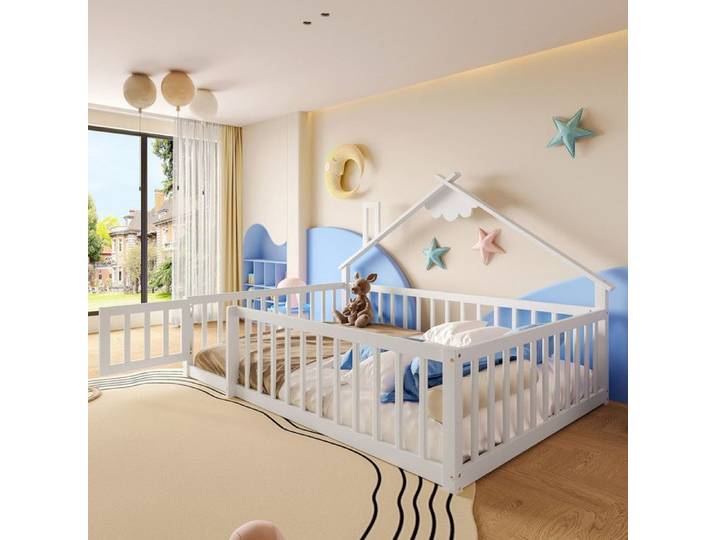 Lit plat 140x190 cm lit enfant avec barrières de sécurité poussette avec barrières de sécurité sommier à lattes pin blanc