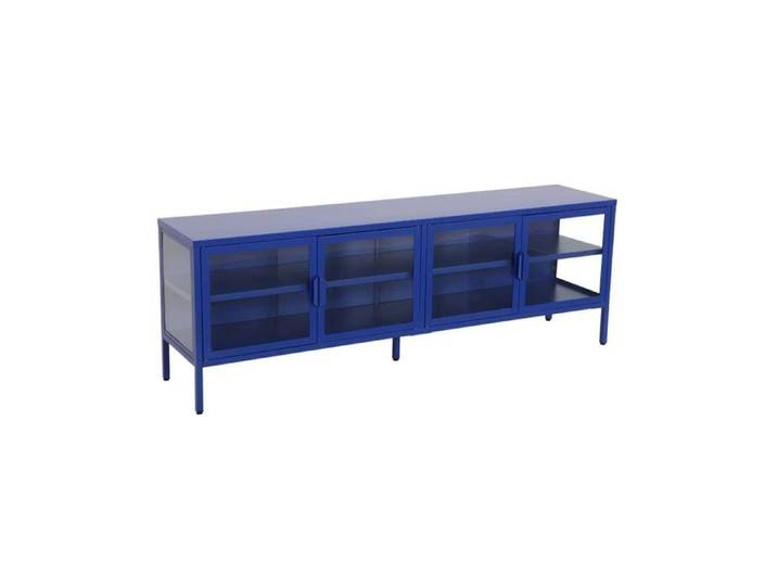 Meuble TV industriel métal et verre trempé 4 portes 160cm bleu - Arkansas