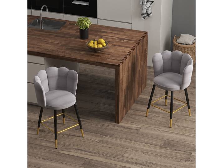 HOMCOM Set 2 Tabourets Bar Veloutés Gris avec Repose-Pieds