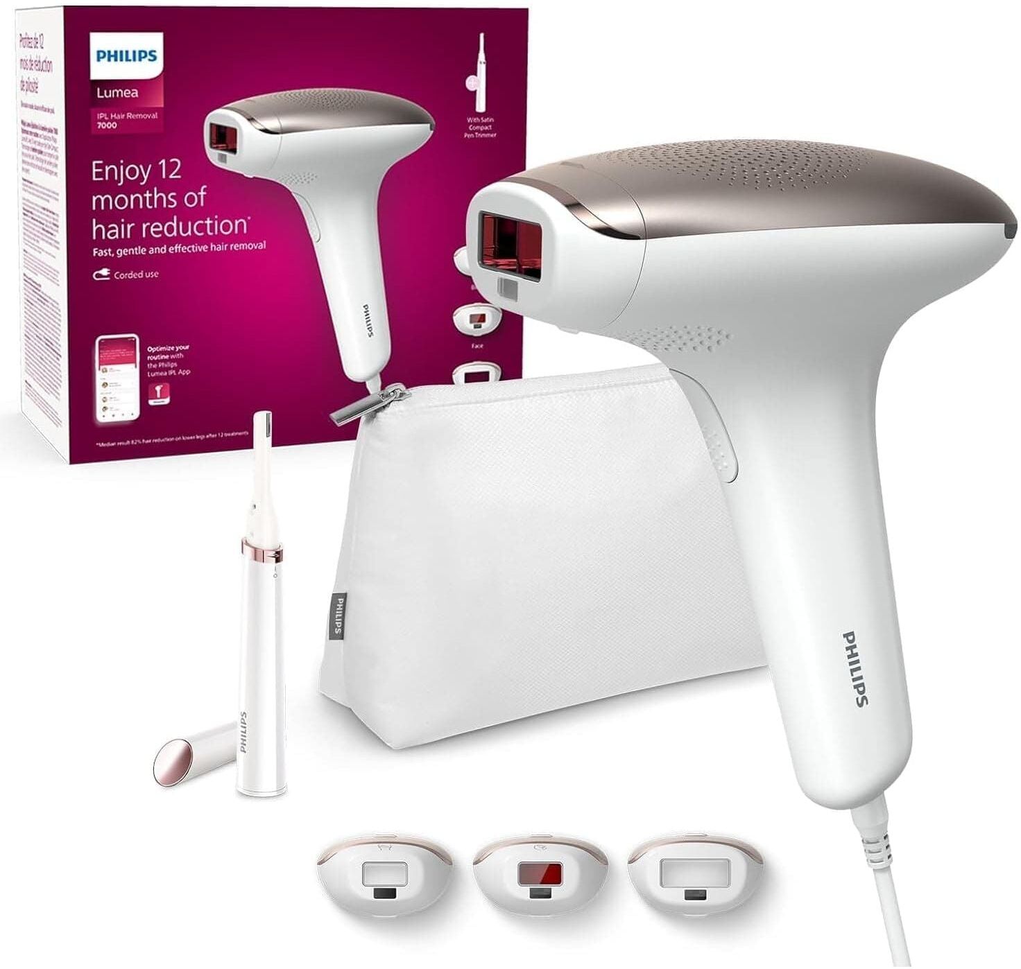 Philips Lumea IPL 7000 Series BRI923/00 Hair Removal Device – Corded IPL with Body, Face & Bikini Attachments + Satin Compact Pen Trimmer, New