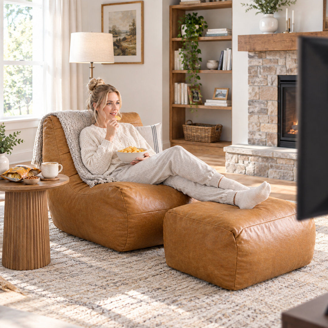 George Oliver Retro Faux‑Leather Lazy Floor Chair with Ottoman Footrest Set,Vacuum‑Compressed Floor Sofa Brown