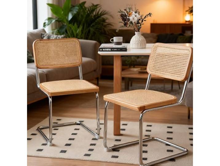 VILUXE Esszimmerstühle Set 2 Rattan Rückenlehne Natur VILUXE Esszimmerstuhl Set 2, Rattan Rückenlehne, Stoffpolsterung, Chromgestell, Mid Century Design