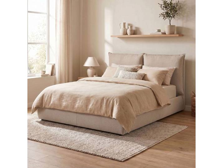 Lit coffre 160x200 avec tête de lit effet oreiller en tissu beige