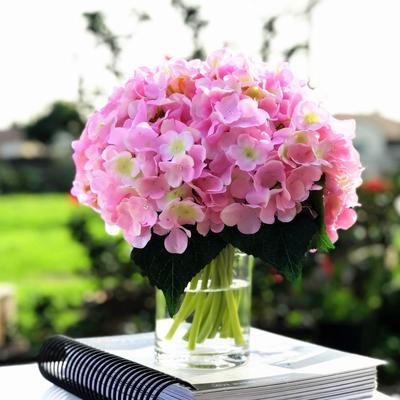 Enova Home Artificial Pink Fake Silk Hydrangea Flowers Arrangement in Clear Glass Vase with Faux Water for Home Decor