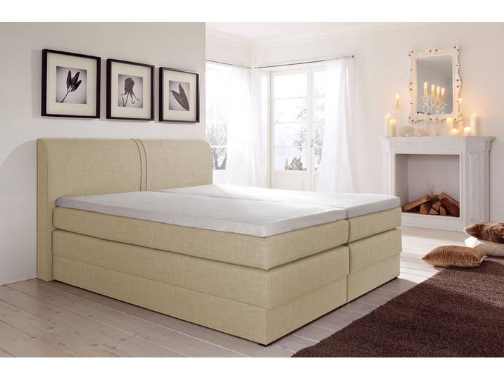 Boxspringbett, Strukturstoff, Beige, 180×200 cm, Mit Bettkasten, Landhaus, Hapo