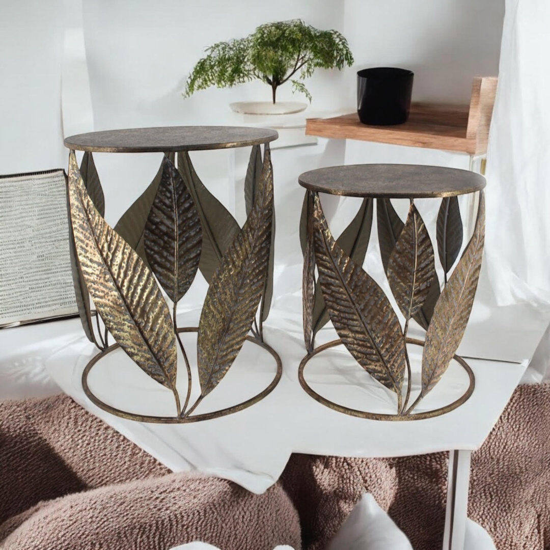 Mercer41 Metal Leaf Gold Side Tables Set   Modernist Frame Design Decorative Accent Tables for Living Room or Bedroom Antique Copper 61cm H X 50cm W X 50cm D