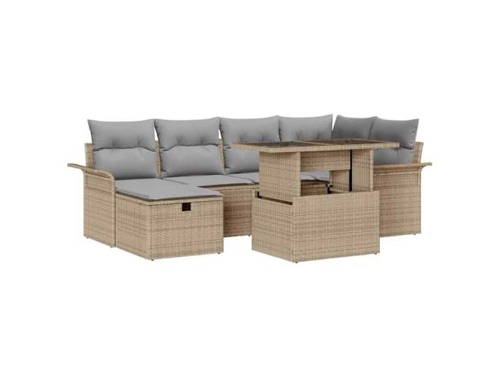 KTHLBRH Gartenmöbel-Set, 7-teilig, aus Polyrattan, Beige Poltrattan beige, Stahl pulverbeschichtet, gehärtetes Glas, höhenverstellbarer Tisch, Sitzsack mit Aufbewahrung, Verwendung